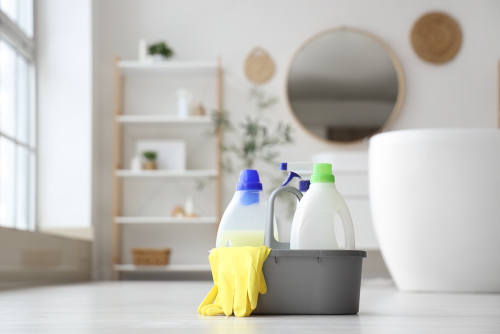Cleaning supplies in a bright home