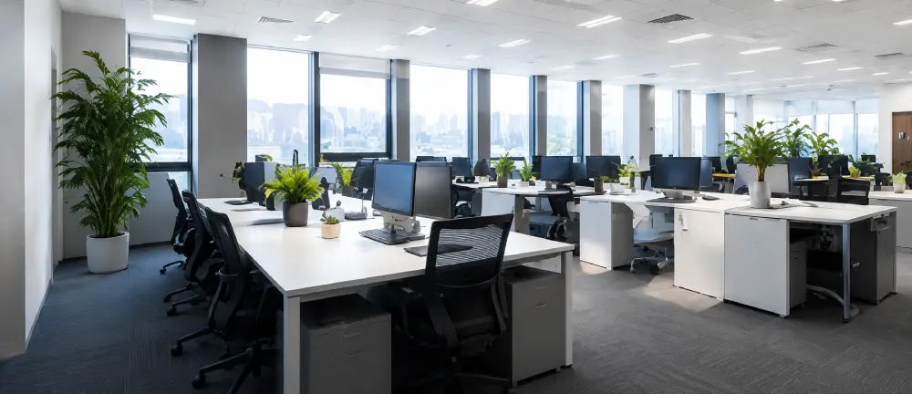 Sunlit office with desks and large windows